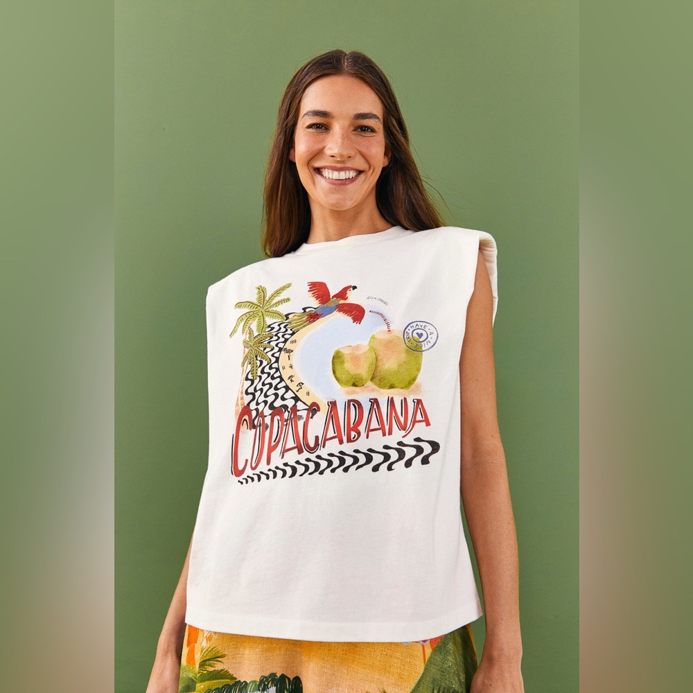 FARM Rio White Graphic Sleeveless Muscle Tee with Tropical Print - Picture 2 of 10